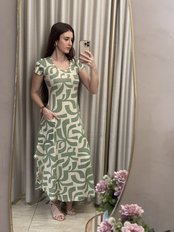 Vestido Viscolycra Estampado Arredondado Bolsos
